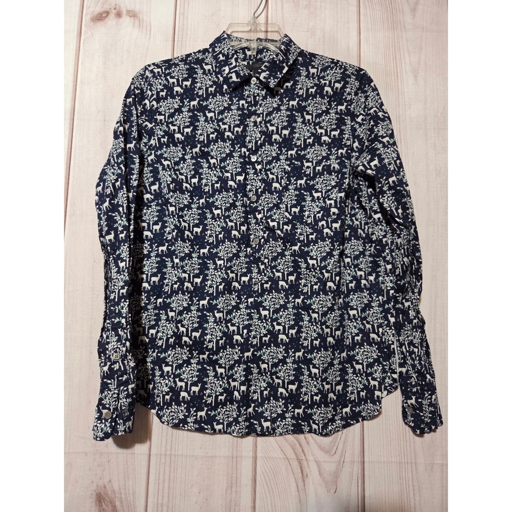 J.Crew Womens Navy‎ Blue Deer Woodland Print Cotton Popover Shirt Size 8